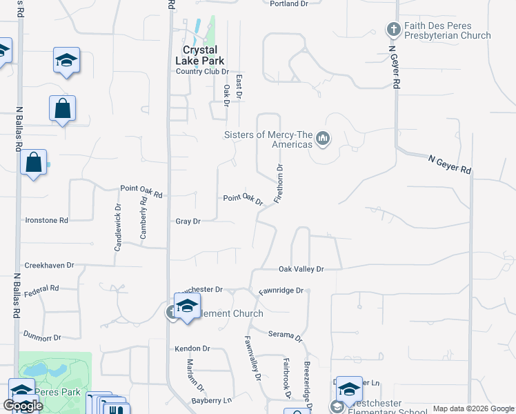 map of restaurants, bars, coffee shops, grocery stores, and more near 1911 Firethorn Drive in Des Peres