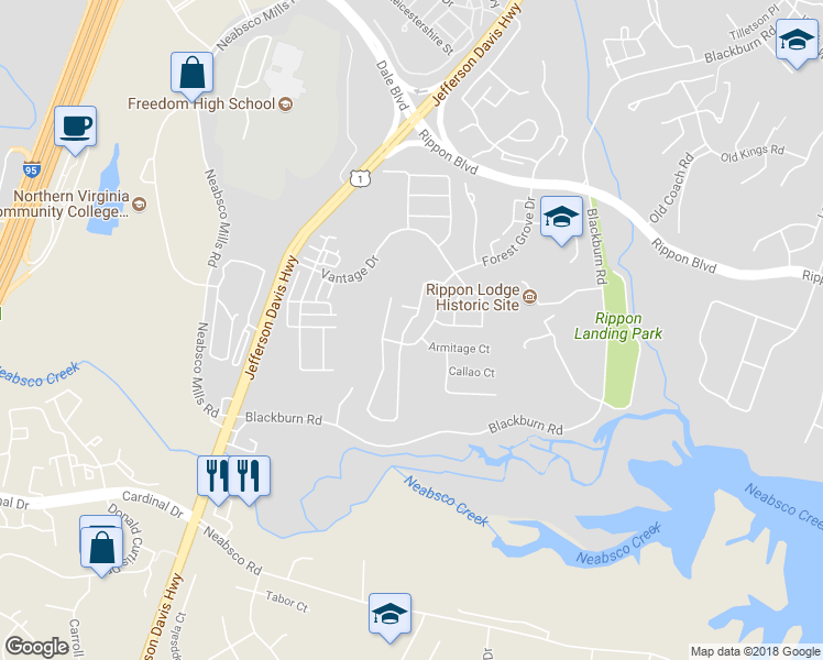 map of restaurants, bars, coffee shops, grocery stores, and more near 15645 Horseshoe Lane in Woodbridge