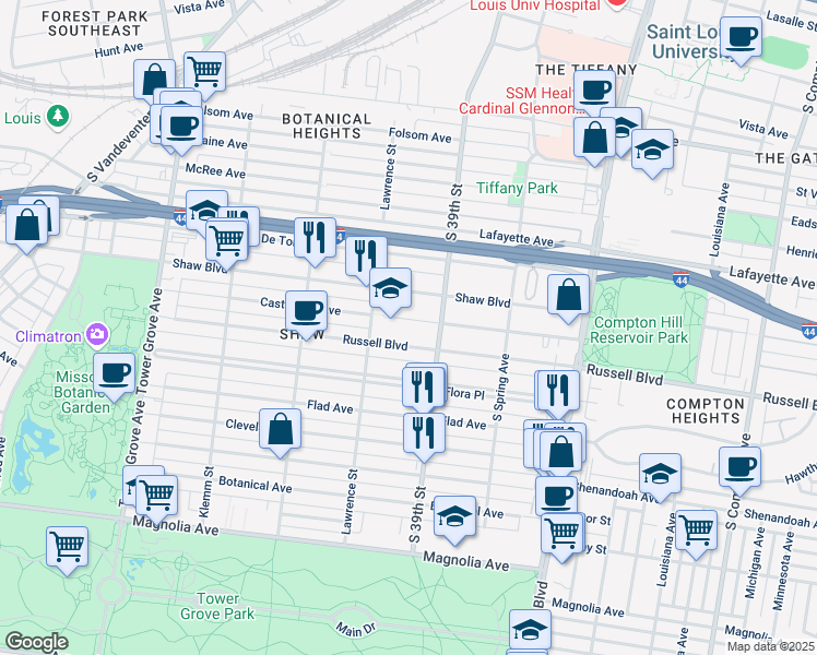 map of restaurants, bars, coffee shops, grocery stores, and more near 3910 Castleman Avenue in St. Louis