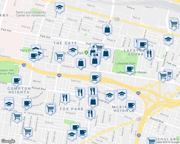 map of restaurants, bars, coffee shops, grocery stores, and more near 2630 Lafayette Avenue in St. Louis