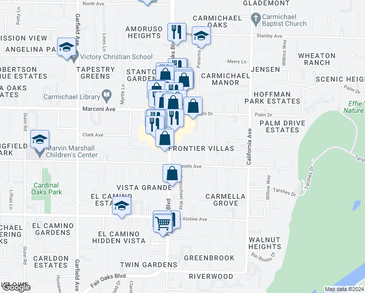 map of restaurants, bars, coffee shops, grocery stores, and more near 6242 Fair Oaks Boulevard in Carmichael