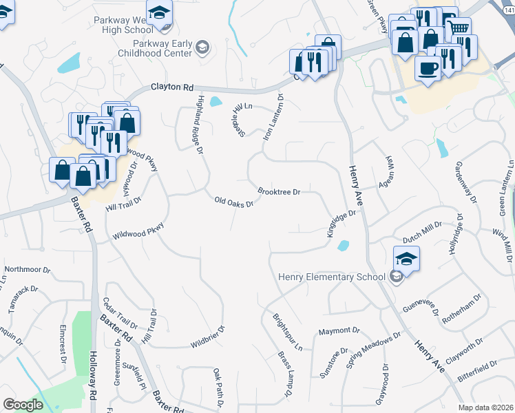 map of restaurants, bars, coffee shops, grocery stores, and more near 117 Old Oaks Drive in Ballwin