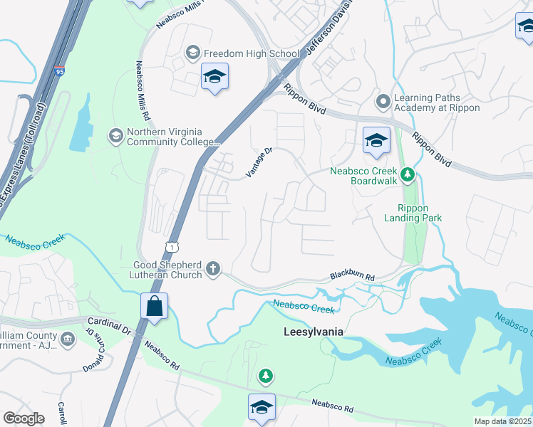 map of restaurants, bars, coffee shops, grocery stores, and more near 15529 Exmore Court in Woodbridge
