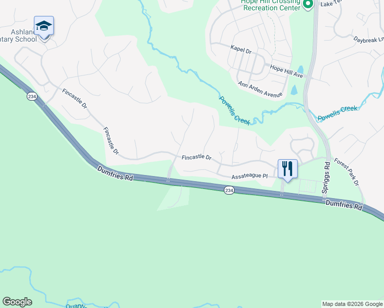 map of restaurants, bars, coffee shops, grocery stores, and more near 5836 Fincastle Drive in Manassas