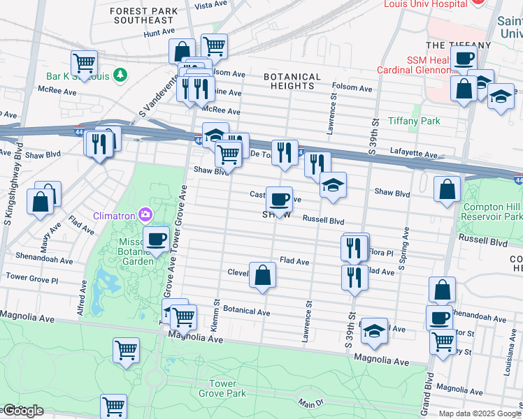 map of restaurants, bars, coffee shops, grocery stores, and more near 4126 Russell Boulevard in St. Louis