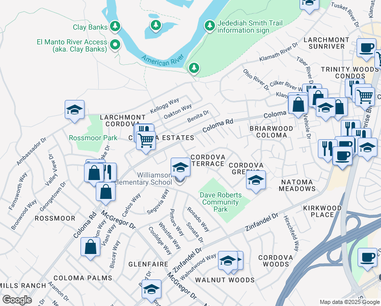 map of restaurants, bars, coffee shops, grocery stores, and more near 10853 Segovia Way in Rancho Cordova