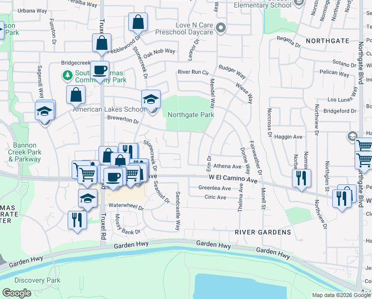 map of restaurants, bars, coffee shops, grocery stores, and more near 2779 Glen Arven Way in Sacramento