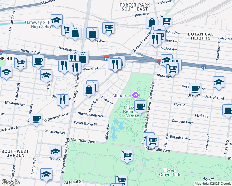 map of restaurants, bars, coffee shops, grocery stores, and more near 2019 Alfred Avenue in St. Louis