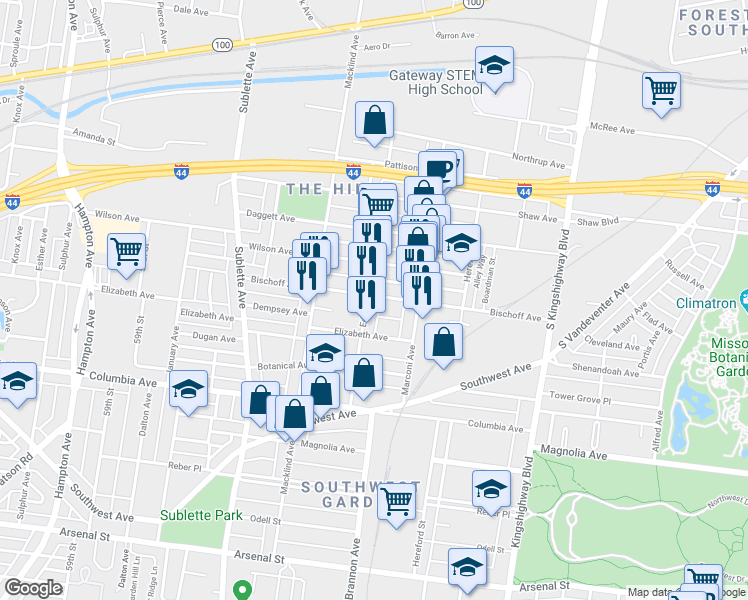 map of restaurants, bars, coffee shops, grocery stores, and more near 5250 Bischoff Avenue in St. Louis