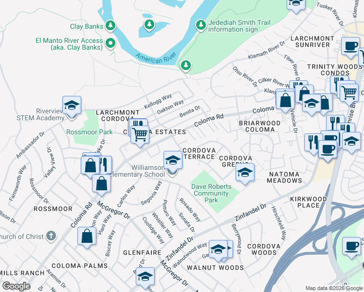 map of restaurants, bars, coffee shops, grocery stores, and more near 10853 Segovia Way in Rancho Cordova