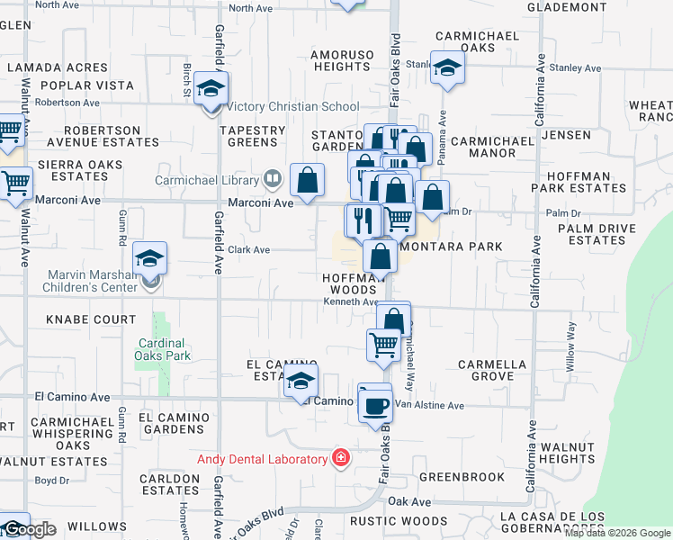 map of restaurants, bars, coffee shops, grocery stores, and more near 2723 Hoffman Woods Lane in Carmichael