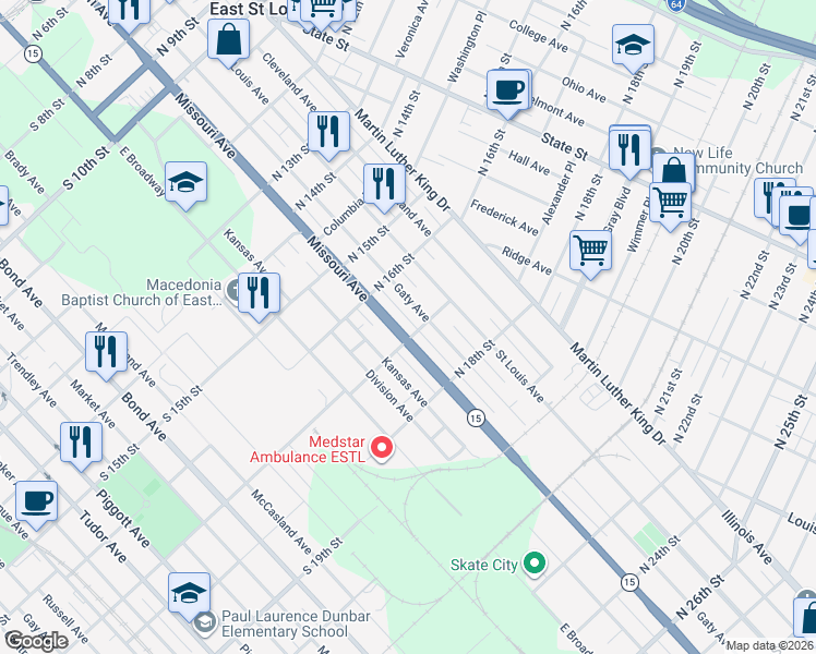map of restaurants, bars, coffee shops, grocery stores, and more near 1636 Missouri Avenue in East St. Louis