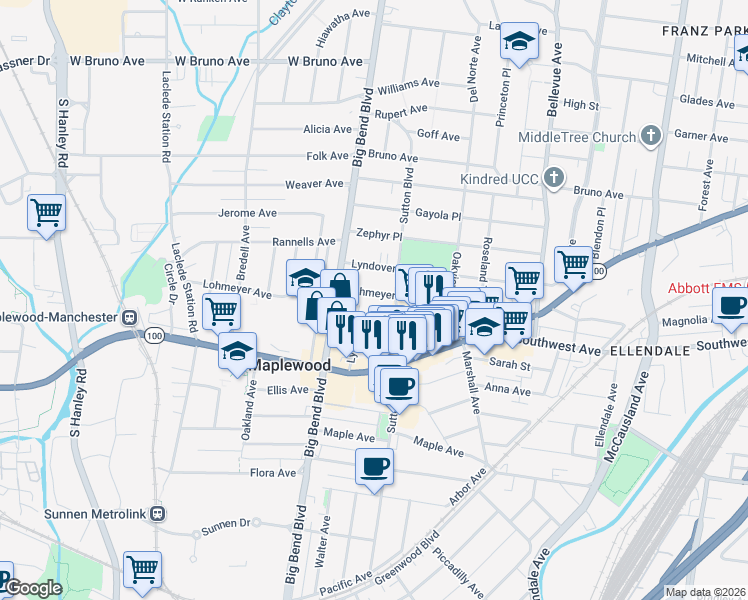 map of restaurants, bars, coffee shops, grocery stores, and more near 2614 Margarette Avenue in Maplewood