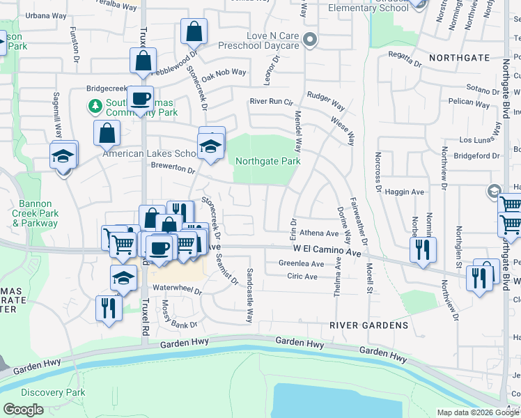 map of restaurants, bars, coffee shops, grocery stores, and more near 2779 Glen Arven Way in Sacramento