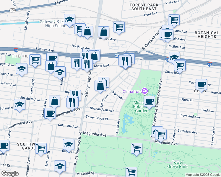 map of restaurants, bars, coffee shops, grocery stores, and more near 4565 Flad Avenue in St. Louis