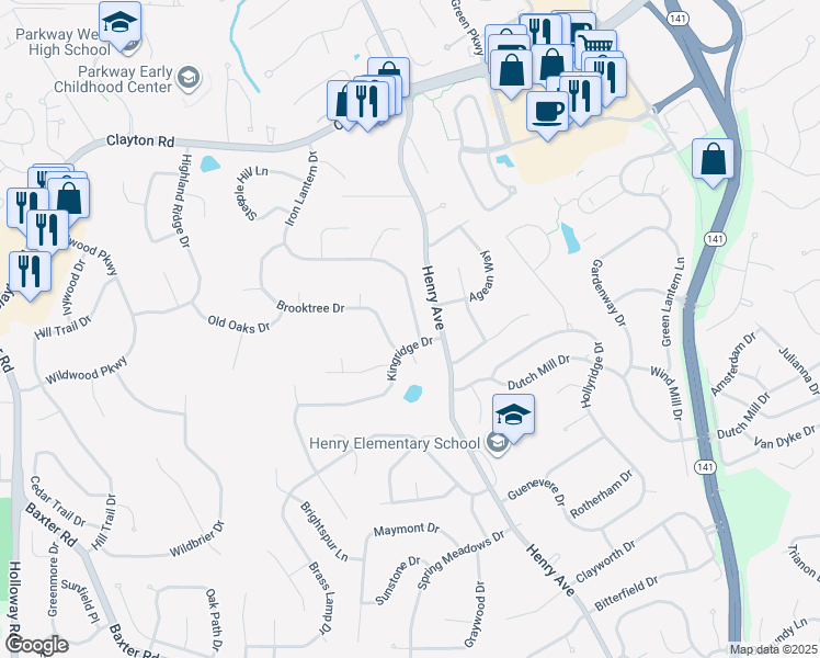 map of restaurants, bars, coffee shops, grocery stores, and more near 402 Brooktree Drive in Ballwin