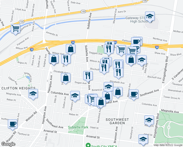 map of restaurants, bars, coffee shops, grocery stores, and more near 5478 Dempsey Avenue in St. Louis