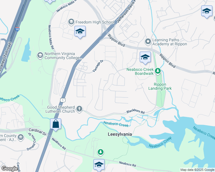 map of restaurants, bars, coffee shops, grocery stores, and more near 15637 Horseshoe Lane in Woodbridge
