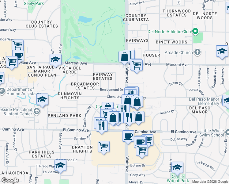 map of restaurants, bars, coffee shops, grocery stores, and more near 3420 Ben Lomond Drive in Sacramento