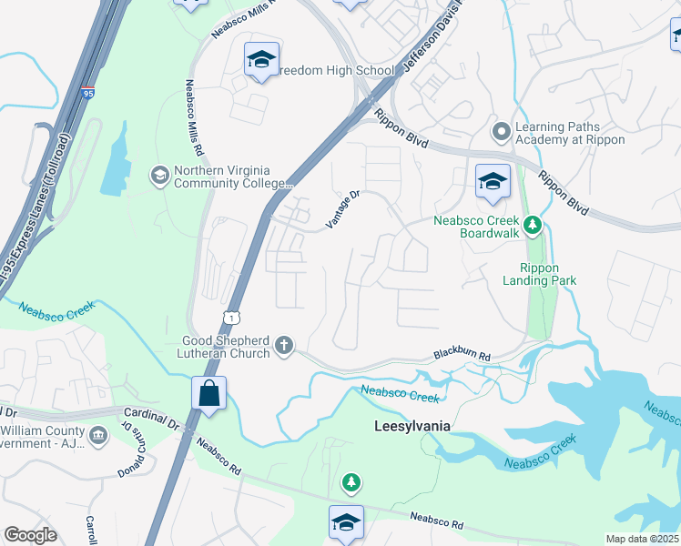 map of restaurants, bars, coffee shops, grocery stores, and more near 15530 Exmore Court in Woodbridge