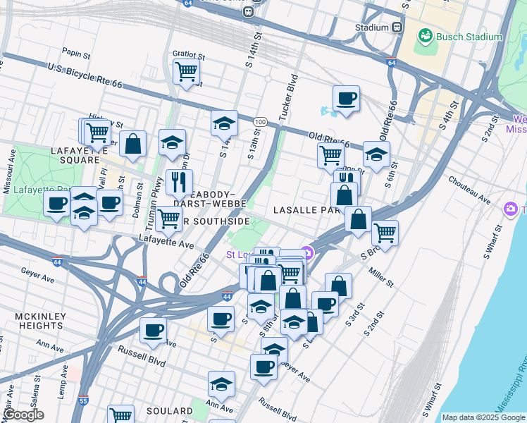 map of restaurants, bars, coffee shops, grocery stores, and more near 1341 South 11th Street in St. Louis