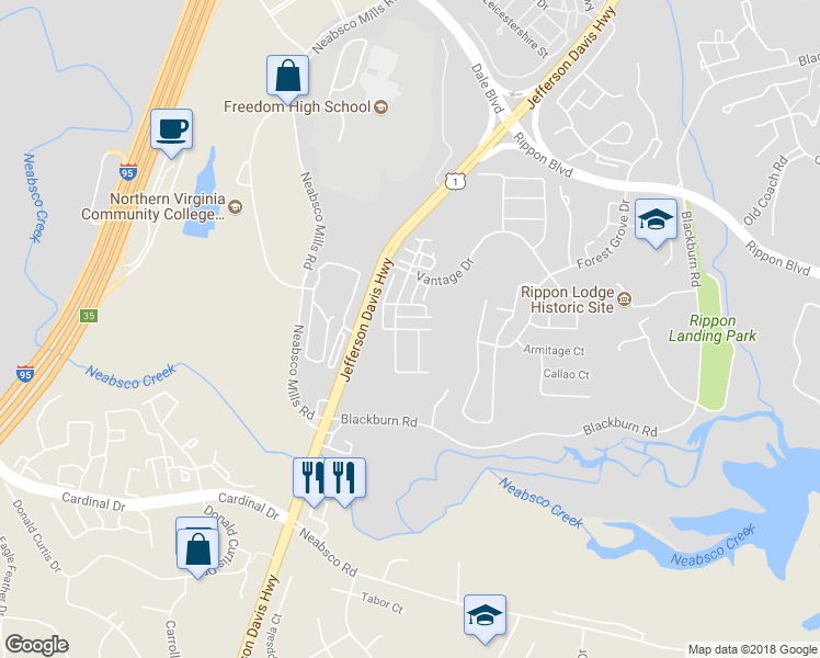 map of restaurants, bars, coffee shops, grocery stores, and more near 15710 John Diskin Circle in Woodbridge