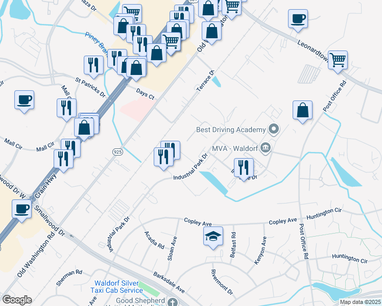 map of restaurants, bars, coffee shops, grocery stores, and more near 44 Industrial Park Drive in Waldorf