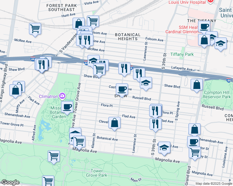 map of restaurants, bars, coffee shops, grocery stores, and more near 4111 Russell Boulevard in St. Louis