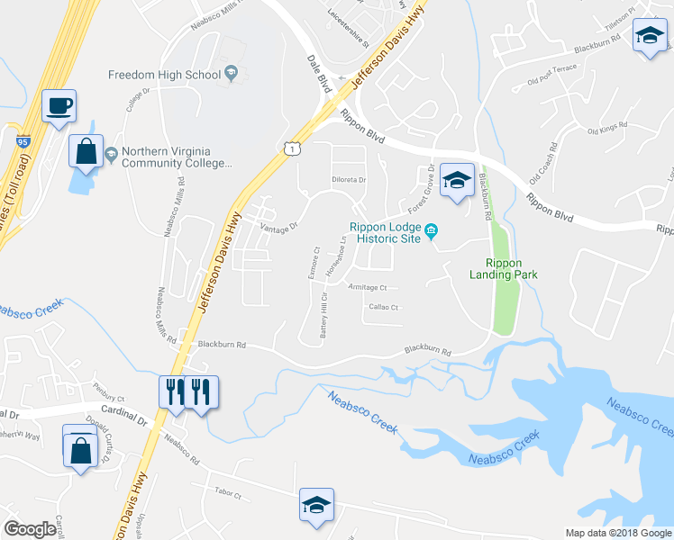 map of restaurants, bars, coffee shops, grocery stores, and more near 15631 Horseshoe Lane in Woodbridge