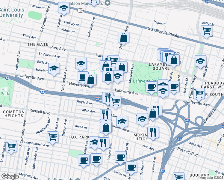 map of restaurants, bars, coffee shops, grocery stores, and more near S Jefferson Ave & Lafayette Ave in St. Louis