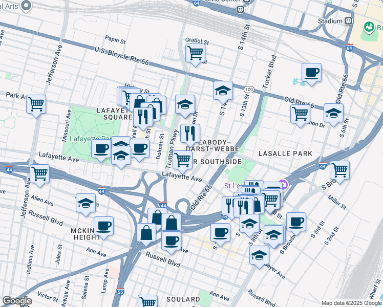 map of restaurants, bars, coffee shops, grocery stores, and more near 1400 Park Place in St. Louis