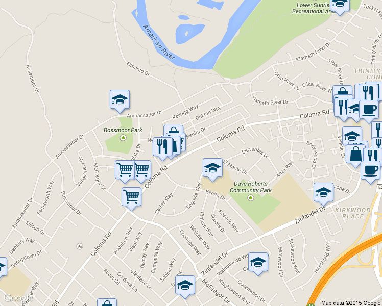 map of restaurants, bars, coffee shops, grocery stores, and more near 10780 Coloma Road in Rancho Cordova