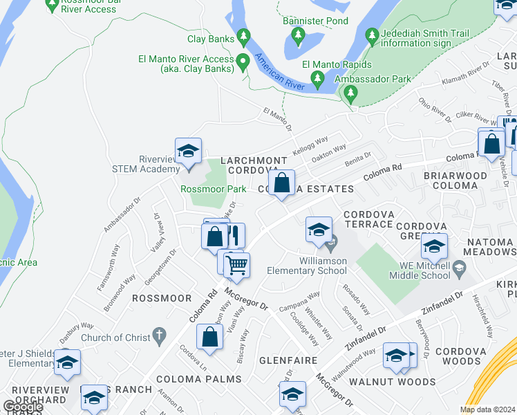 map of restaurants, bars, coffee shops, grocery stores, and more near 2183 Benita Drive in Rancho Cordova