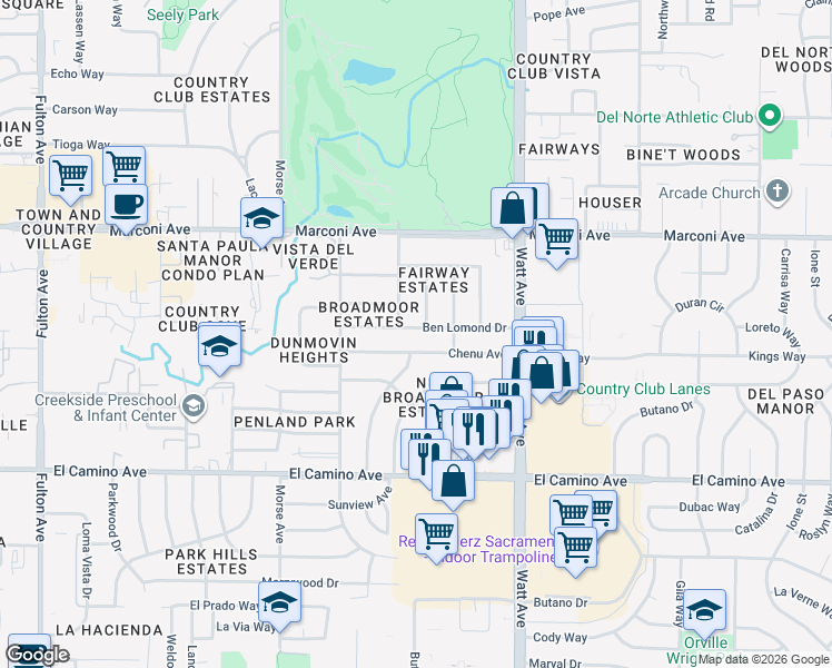 map of restaurants, bars, coffee shops, grocery stores, and more near 3247 Chenu Avenue in Sacramento