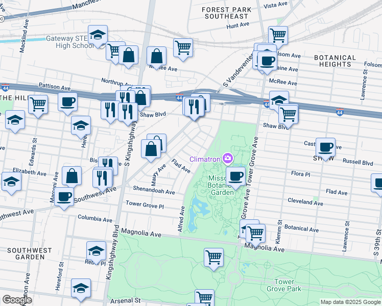 map of restaurants, bars, coffee shops, grocery stores, and more near 4536 Flora Avenue in St. Louis