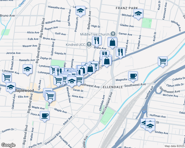 map of restaurants, bars, coffee shops, grocery stores, and more near 7155 Lanham Avenue in St. Louis