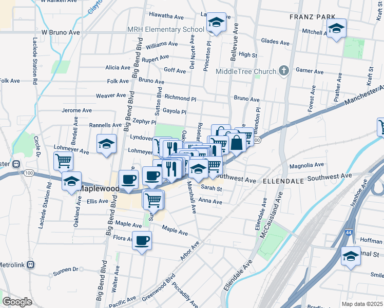 map of restaurants, bars, coffee shops, grocery stores, and more near 2629 Roseland Terrace in St. Louis