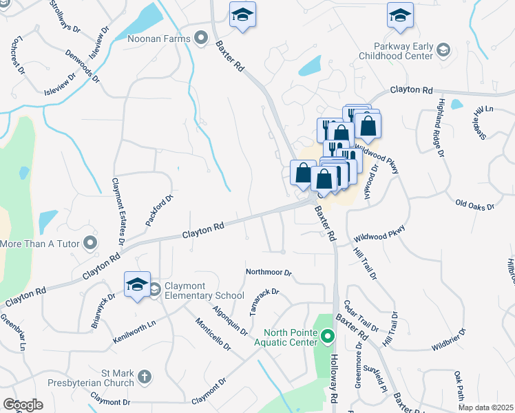 map of restaurants, bars, coffee shops, grocery stores, and more near 14973 Clayton Road in Chesterfield