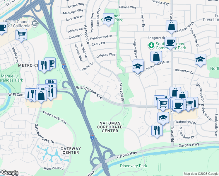map of restaurants, bars, coffee shops, grocery stores, and more near 2065 West El Camino Avenue in Sacramento