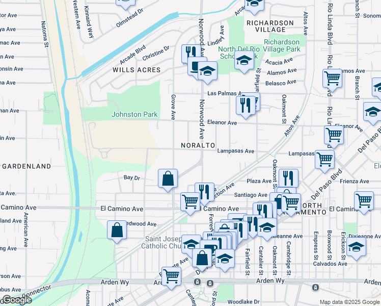 map of restaurants, bars, coffee shops, grocery stores, and more near 370 Lampasas Avenue in Sacramento