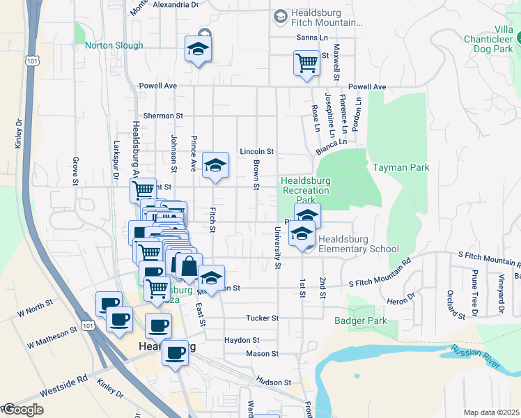 map of restaurants, bars, coffee shops, grocery stores, and more near 516 Brown Street in Healdsburg