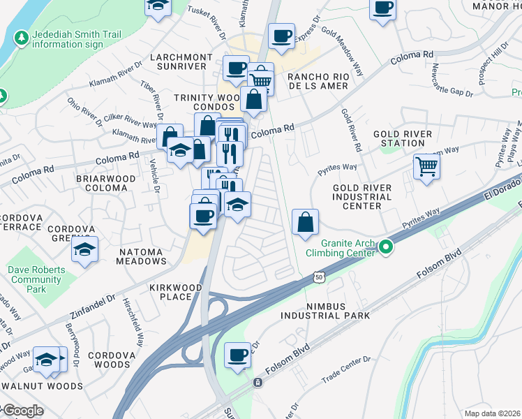 map of restaurants, bars, coffee shops, grocery stores, and more near 2473 Sunrise Boulevard in Gold River