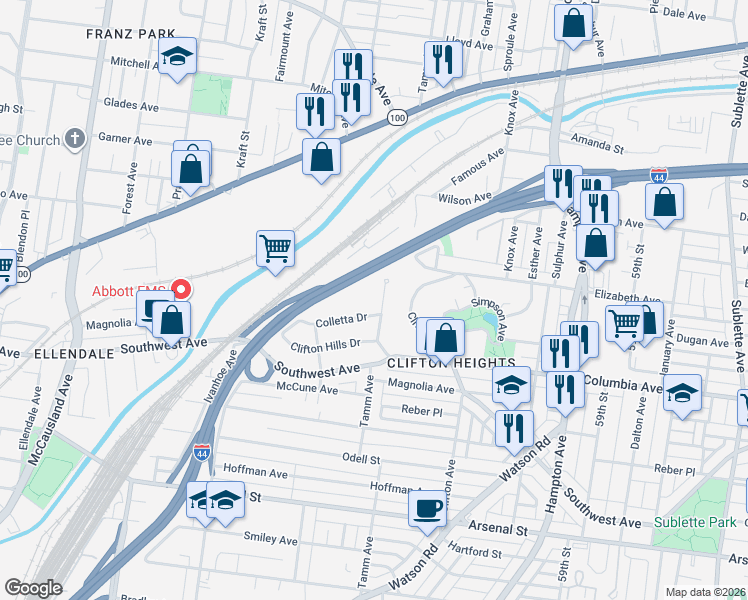 map of restaurants, bars, coffee shops, grocery stores, and more near 2604 Tamm Avenue in St. Louis