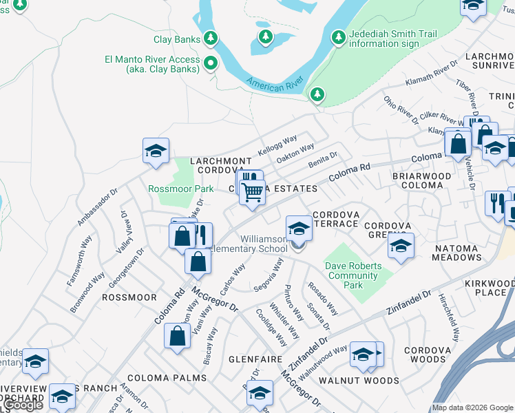 map of restaurants, bars, coffee shops, grocery stores, and more near 10795 Coloma Road in Rancho Cordova