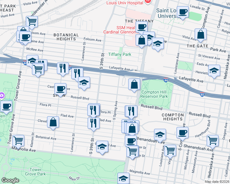 map of restaurants, bars, coffee shops, grocery stores, and more near 3802 Castleman Avenue in St. Louis
