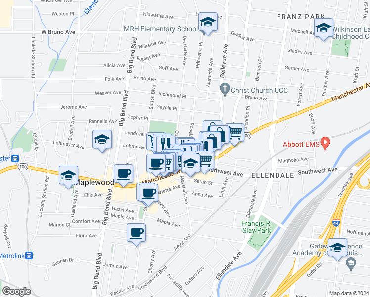 map of restaurants, bars, coffee shops, grocery stores, and more near 2629 Roseland Terrace in St. Louis