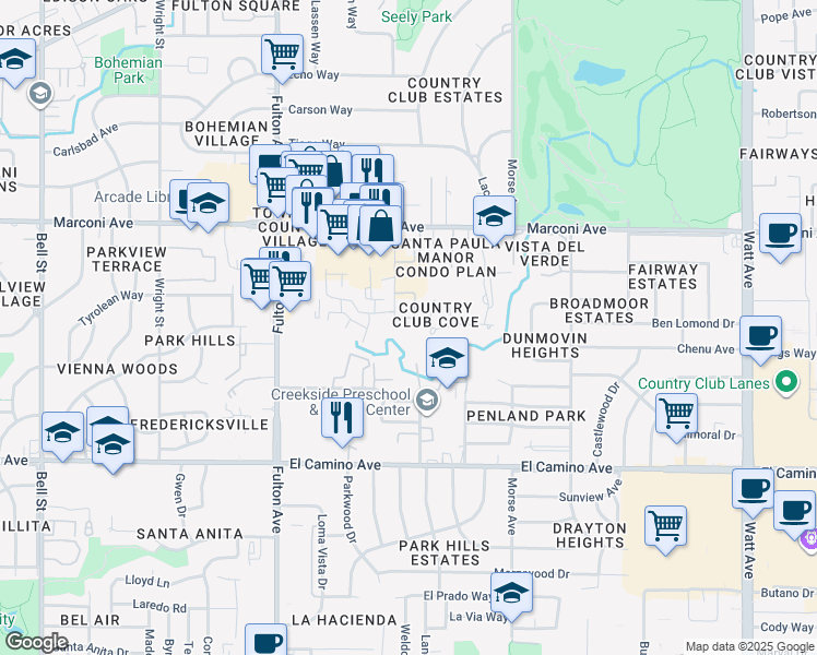 map of restaurants, bars, coffee shops, grocery stores, and more near 2760 Corabel Lane in Sacramento