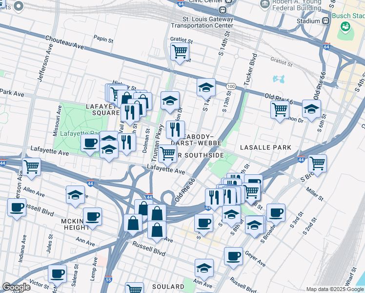 map of restaurants, bars, coffee shops, grocery stores, and more near 1400 Park Place in St. Louis