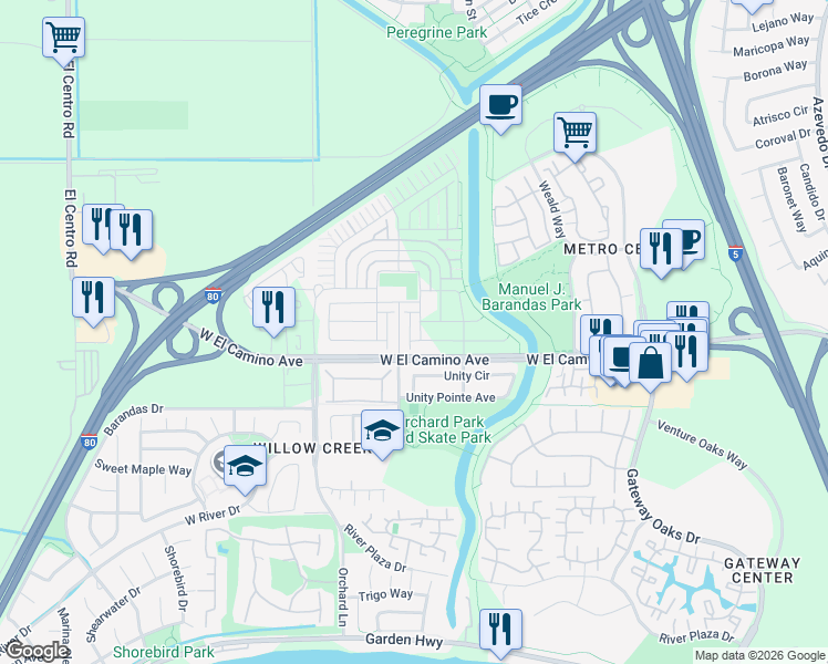 map of restaurants, bars, coffee shops, grocery stores, and more near 2709 Mossy Creek Street in Sacramento