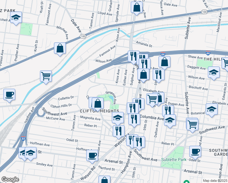 map of restaurants, bars, coffee shops, grocery stores, and more near 6117 Simpson Avenue in St. Louis